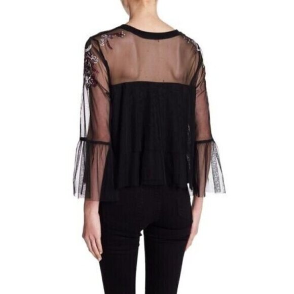 Willow & Clay Mesh Floral Embroidered Yoke Blouse Top Black Size Small - Picture 2 of 14